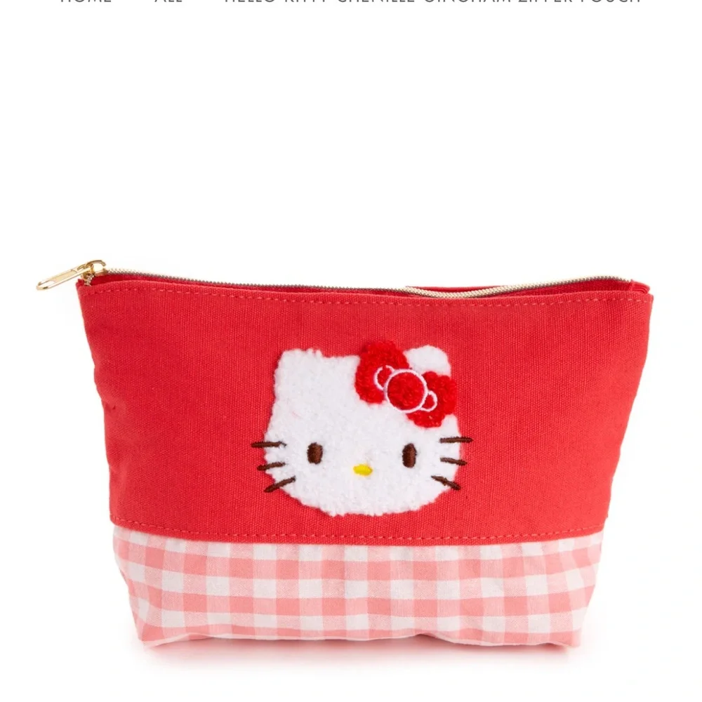 SANRIO Hello Kitty Chenille Gingham Zipper Pouch AND Compact Mirror Set NIP❤️🤍❤️